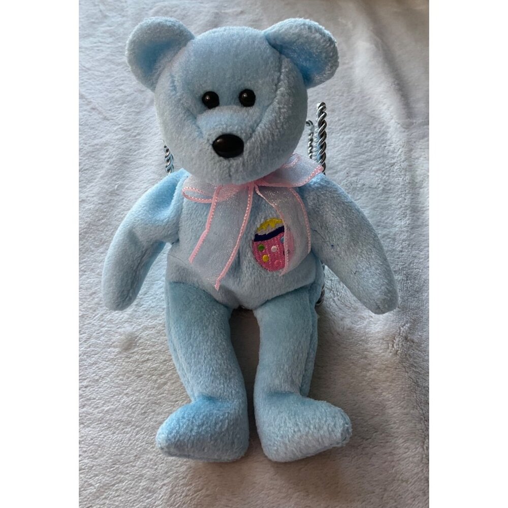 Vintage TY Beanie 2001 Blue Teddy Bear Plush Toy Easter Egg II Embroidered